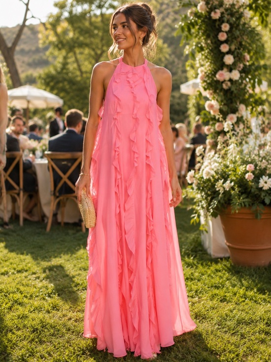 STAUD Dresses & Skirts - NWT STAUD Marike Coral Pink Ruffle Halter Maxi Dress Wedding Guest Dress Size 4